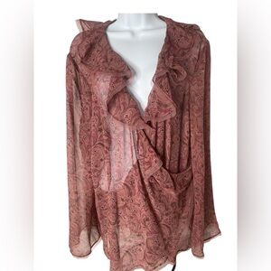 J. Jill Sheer Silk Pink Floral Paisley Ruffle Wrap Blouse Sz XL